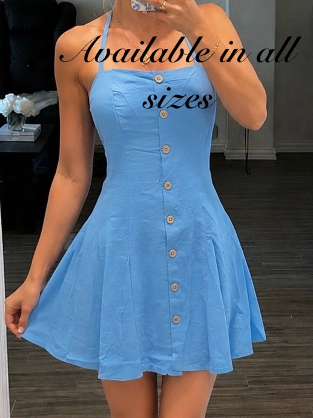 Summer Button-Front Blue Halter Mini Dress